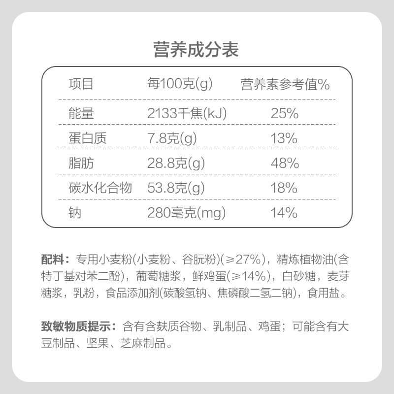 Nutrition label for a pastry snack, showing energy, protein, fat, carbs, and minerals per 100g serving.