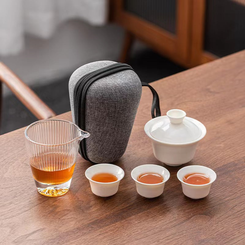 High-grade mutton fat jade porcelain outdoor travel tea set ceramic quick cup one pot two or three cups portable gifts