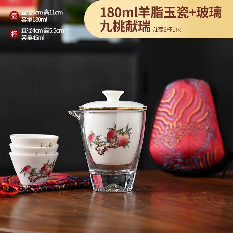 Outdoor car mutton fat jade porcelain travel tea set ceramic pot three cups portable fast cup kung fu tea set