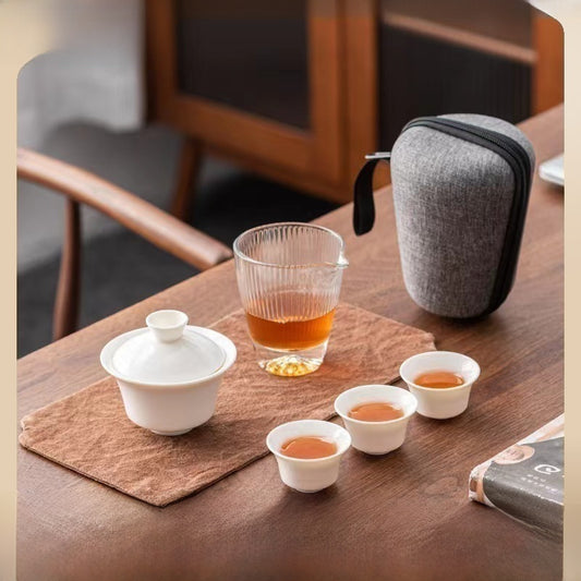 High-grade mutton fat jade porcelain outdoor travel tea set ceramic quick cup one pot two or three cups portable gifts