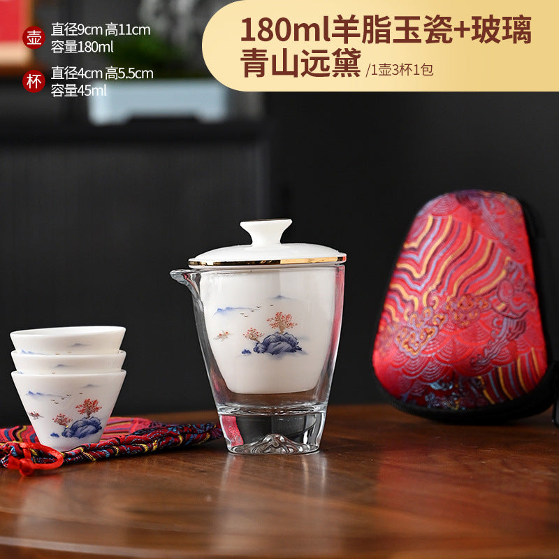 Outdoor car mutton fat jade porcelain travel tea set ceramic pot three cups portable fast cup kung fu tea set