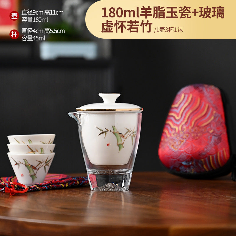 Outdoor car mutton fat jade porcelain travel tea set ceramic pot three cups portable fast cup kung fu tea set