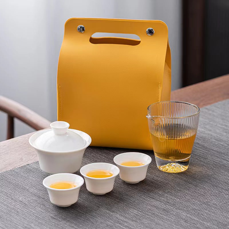 High-grade mutton fat jade porcelain outdoor travel tea set ceramic quick cup one pot two or three cups portable gifts