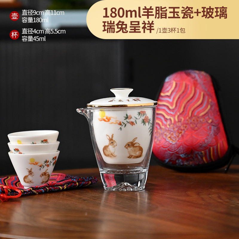 Outdoor car mutton fat jade porcelain travel tea set ceramic pot three cups portable fast cup kung fu tea set