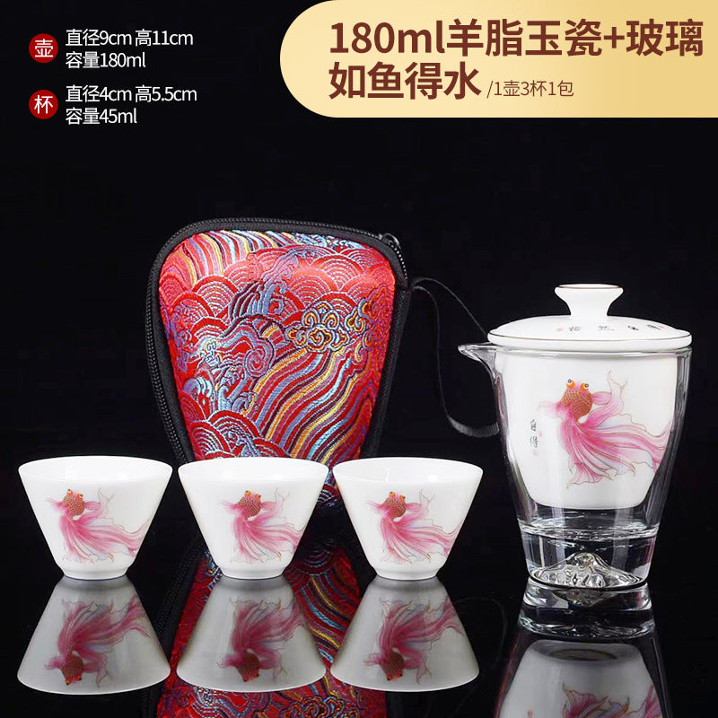 Outdoor car mutton fat jade porcelain travel tea set ceramic pot three cups portable fast cup kung fu tea set