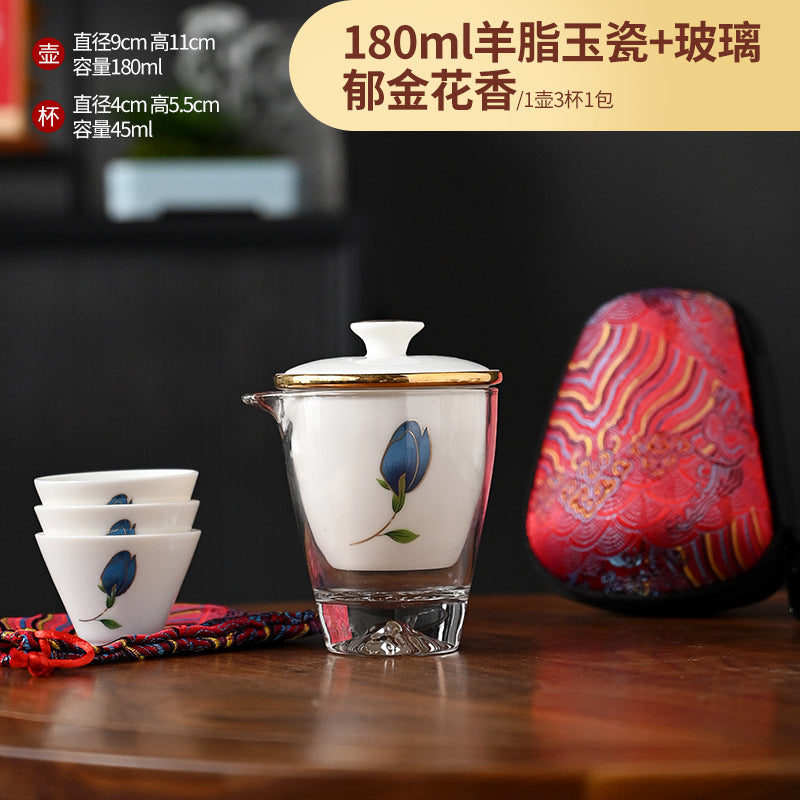 Outdoor car mutton fat jade porcelain travel tea set ceramic pot three cups portable fast cup kung fu tea set